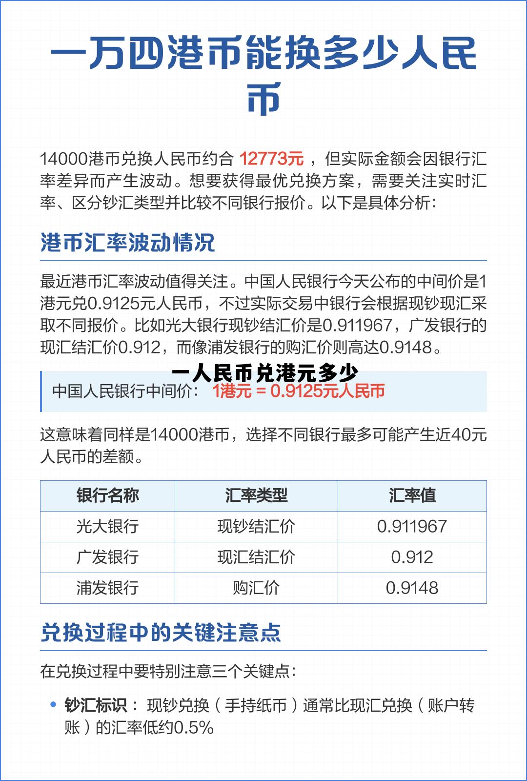 人民币兑港币是多少钱，一人民币兑港元多少